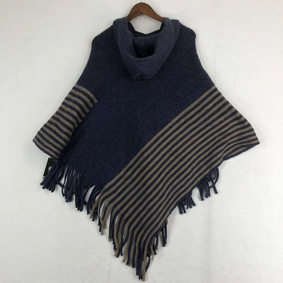 GM NWT Women's One Size Grey Blue Striped Hooded Fringe Trim Poncho Sweater - Picture 8 of 8